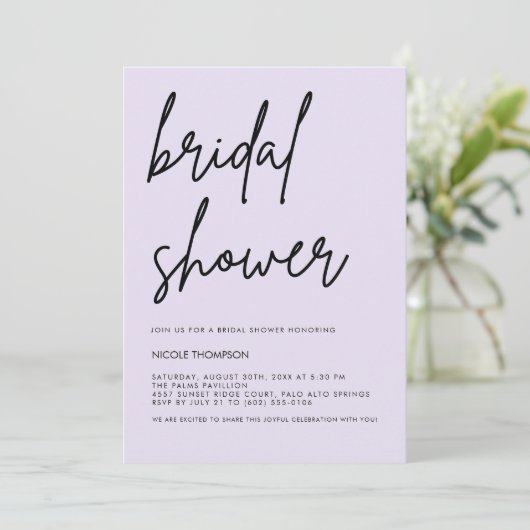 Lavender Script Modern Bridal Shower Invitation  Kaart (Staand voorkant)
