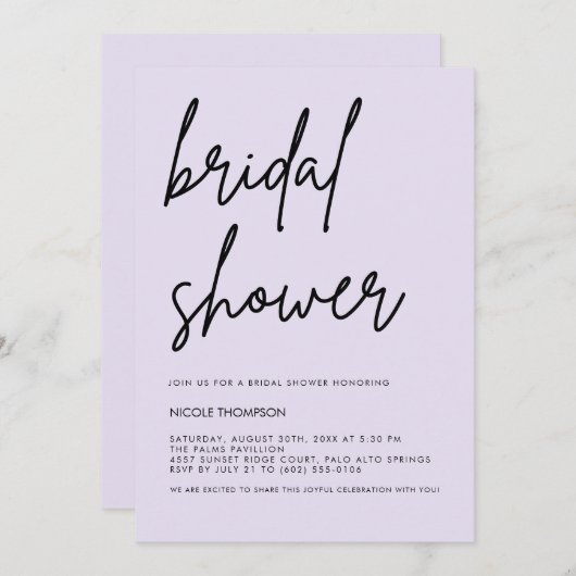 Lavender Script Modern Bridal Shower Invitation  Kaart (Voorkant / Achterkant)