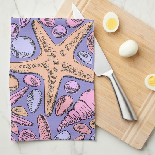 Lavender Seashell Personalized Kitchen Towel Theedoek (Quarter Fold)