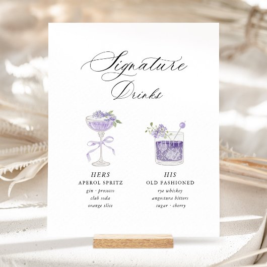 Lavender Signature Drinks Wedding Reclamebord Met Voetstuk