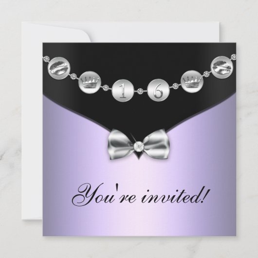 Lavender & Silver Bowed Charm Sweet Sixteen Invite Kaart (Voorkant)