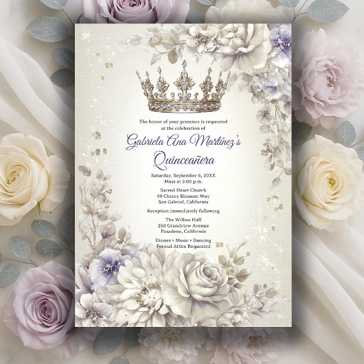 Lavender Silver Crown Floral Quinceañera Kaart