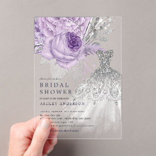 lavender Silver Floral Wedding Dress Vrijgezellenf Acryl Uitnodigingen