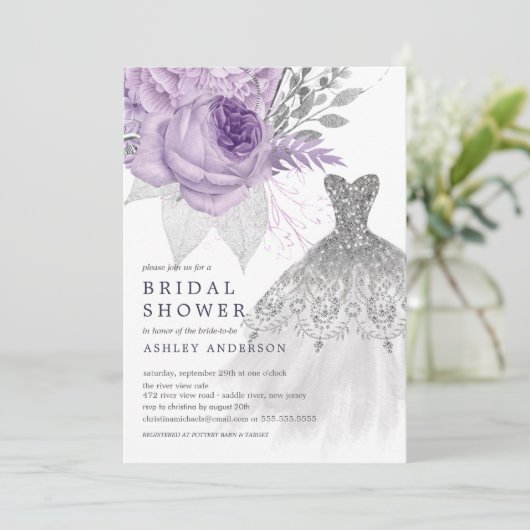 lavender Silver Floral Wedding Dress Vrijgezellenf Kaart (Staand voorkant)