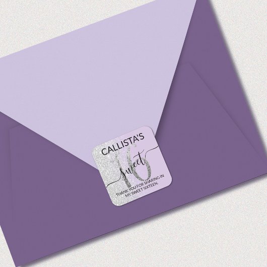 Lavender Silver Glitter Ombre Sweet 16 Favor Vierkante Sticker
