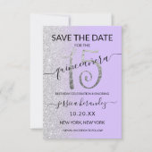 Lavender Silver Glitter Quinceañera Save the Date (Voorkant)