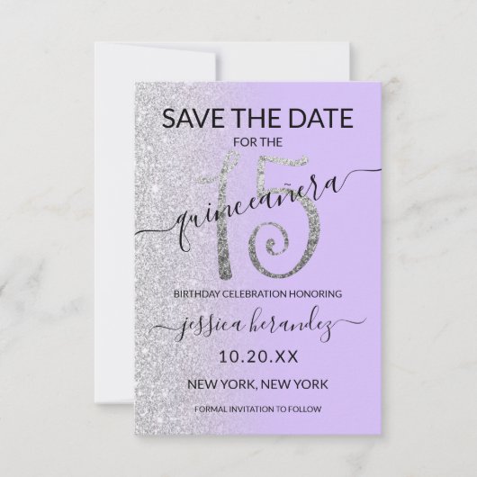 Lavender Silver Glitter Quinceañera Save the Date (Voorkant)
