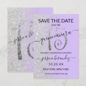 Lavender Silver Glitter Quinceañera Save the Date (Voorkant / Achterkant)
