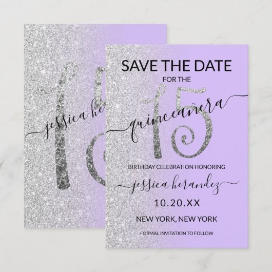 Lavender Silver Glitter Quinceañera Save the Date (Voorkant / Achterkant)