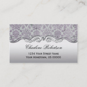 Lavender Silver Grunge Damask Silver Swirls Visitekaartje