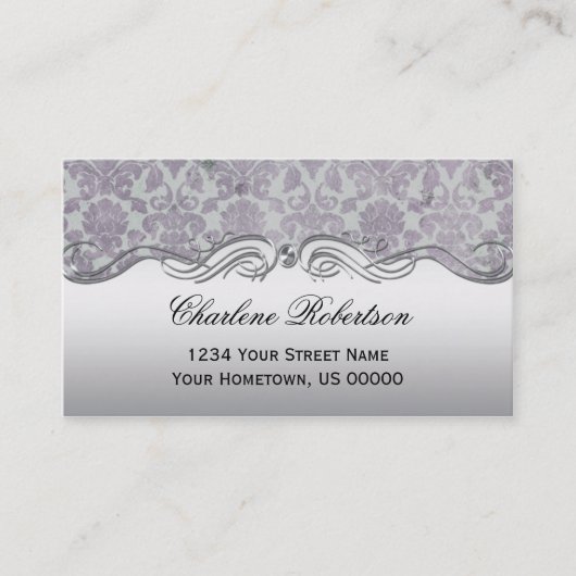 Lavender Silver Grunge Damask Silver Swirls Visitekaartje (Voorkant)