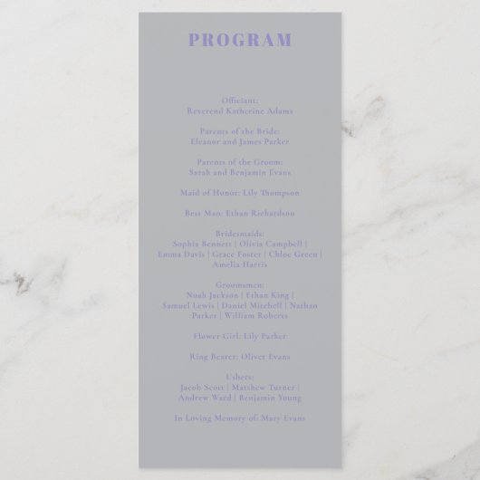 Lavender Silver minimal modern program wedding Menu (Achterkant)