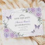 Lavender Silver Rozen Quinceanera Save the Date Aankondiging<br><div class="desc">Elegant sparen de Kaarten van de Uitnodiging van de Datum in Paars en Zilver</div>