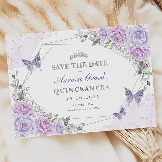 Lavender Silver Rozen Quinceanera Save the Date Aankondiging