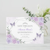 Lavender Silver Rozen Quinceanera Save the Date Aankondiging (Staand voorkant)