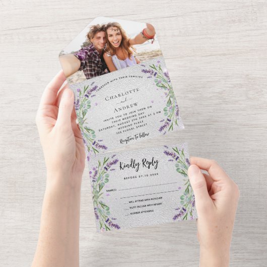 Lavender Silver violet foto bruiloft All In One Uitnodiging (Afscheurbaar)