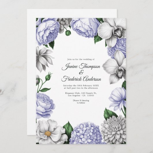 Lavender & Silver Watercolor Floral Wedding Kaart (Voorkant / Achterkant)