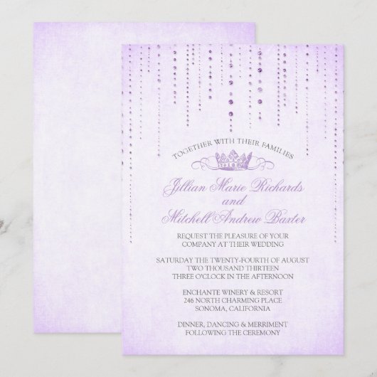 Lavender Sparkles & Crown Fairytale Wedding Kaart (Voorkant / Achterkant)