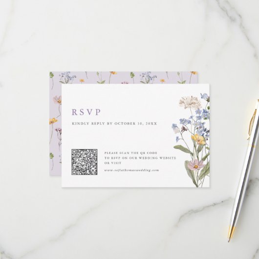 Lavender Spring Wildflower Meadow Wedding QR Code RSVP Kaartje (Voorkant / Achterkant in situ)