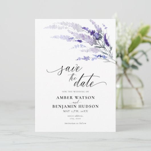 Lavender Summer Floral Lila Paars Save the Date Kaart (Staand voorkant)