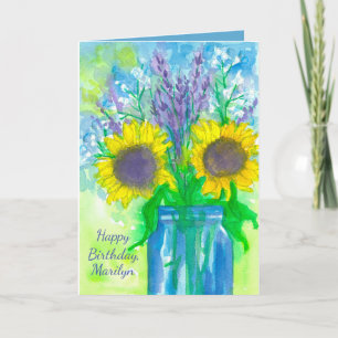 Lavender Sunflower Bouquet Happy Birthday Kaart