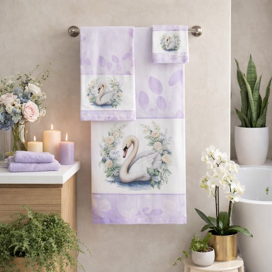Lavender Swan and Floral Towel Set Bad Handdoek