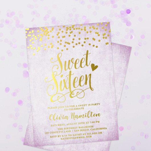 Lavender Sweet 16 Gold Confetti Folie Uitnodiging
