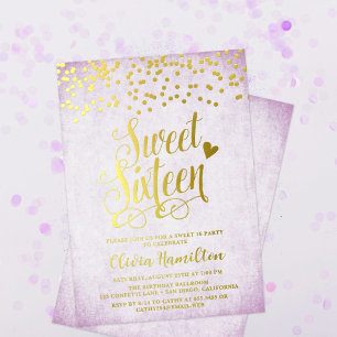 Lavender Sweet 16 Gouden Confetti Folie Uitnodiging