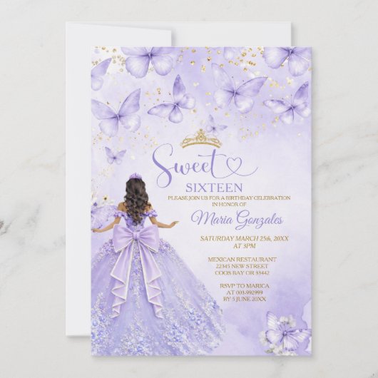 Lavender Sweet 16 Invitation with Butterflies Kaart (Voorkant)