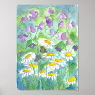 Lavender Sweet Pea Shasta Daisy Waterverf Poster