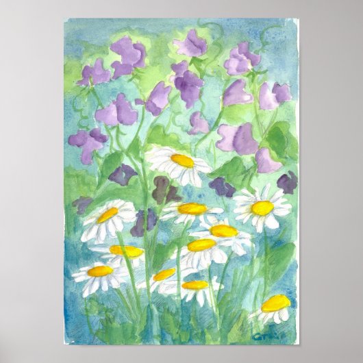 Lavender Sweet Pea Shasta Daisy Waterverf Poster (Voorkant)