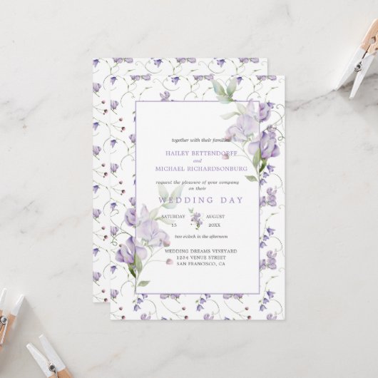 Lavender Sweet Peas Wedding Invitation Kaart (Voorkant / Achterkant in situ)