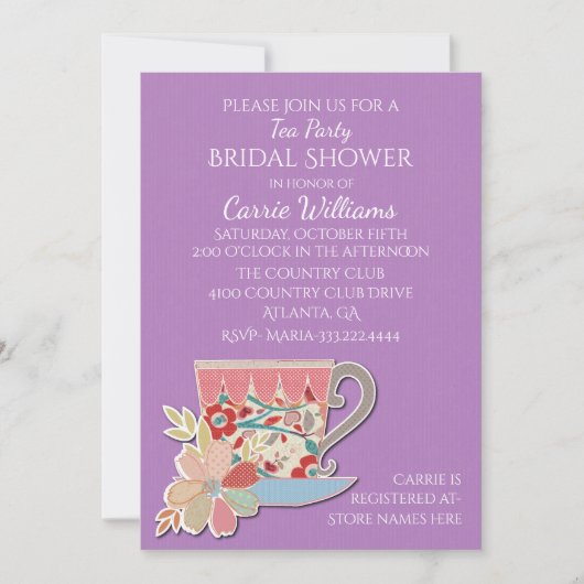 Lavender Tea Cup Bridal Shower Kaart (Voorkant)