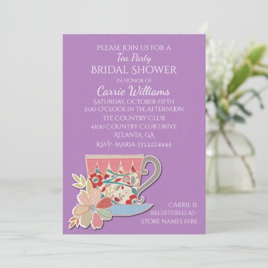Lavender Tea Cup Bridal Shower Kaart (Staand voorkant)