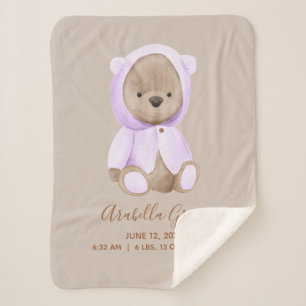 Lavender Teddy Bear Baby Birth Stats Sherpa Deken