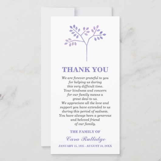 Lavender Tree Memorial Service Dank u Bedankkaart (Voorkant)