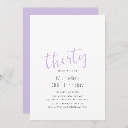 Lavender Trendy Modern minimalist 30th Birthday Kaart (Voorkant / Achterkant)