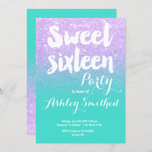 Lavender turquoise glitter typografie Sweet 16 Kaart