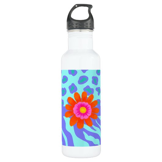 Lavender & Turquoise Zebra & Cheetah Oranje Flower Waterfles (Voorkant)
