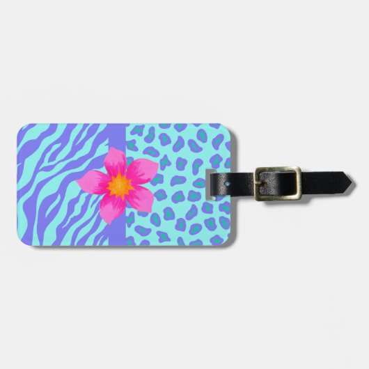 Lavender & Turquoise Zebra & Cheetah Pink Flower Bagagelabel (Voorkant horizontaal)