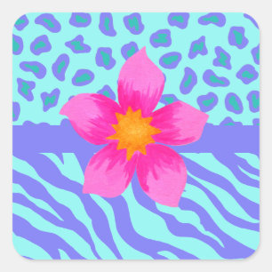 Lavender & Turquoise Zebra & Cheetah Pink Flower Vierkante Sticker