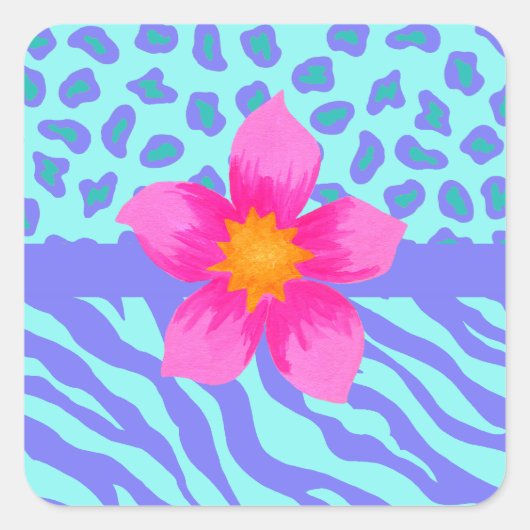 Lavender & Turquoise Zebra & Cheetah Pink Flower Vierkante Sticker (Voorkant)