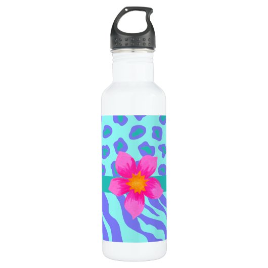 Lavender & Turquoise Zebra & Cheetah Pink Flower Waterfles (Voorkant)