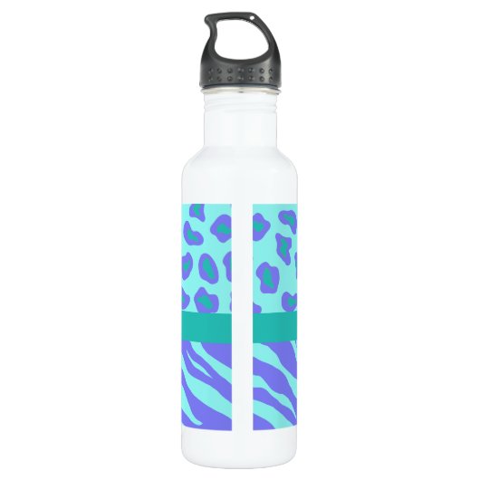 Lavender & Turquoise Zebra & Cheetah Pink Flower Waterfles (Achterkant)