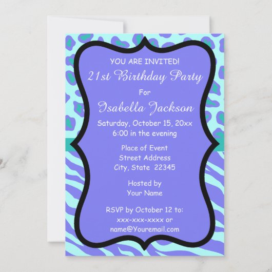 Lavender Turquoise Zebra Leopard Skin Quinceañera Kaart (Achterkant)
