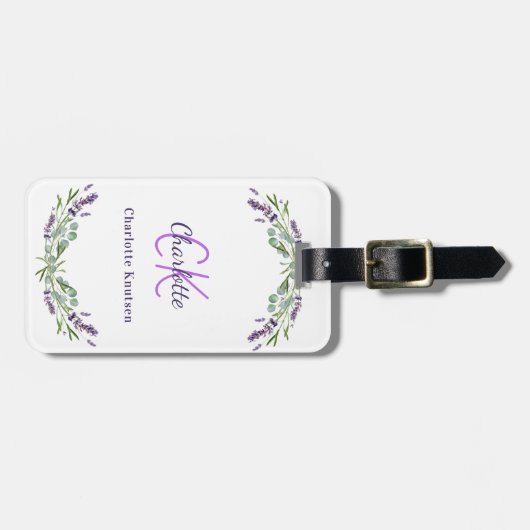 Lavender violet bloemen monogram wit bagagelabel (Voorkant horizontaal)