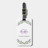 Lavender violet bloemen monogram wit bagagelabel (Voorkant verticaal)