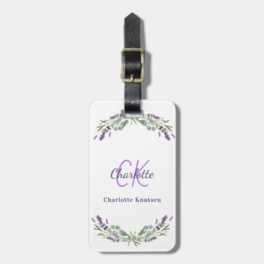 Lavender violet bloemen monogram wit bagagelabel (Voorkant verticaal)