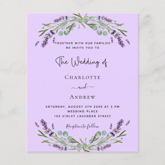 Lavender violet greeneret budget bruiloft-uitnodig flyer (Voorkant)