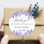 Lavender violet wedding thank you ronde sticker<br><div class="desc">A stylish white background decorated with watercolored lavender flowers. Personalize and add your names and wedding date. With the text: Thank you for sharing our special day.</div>